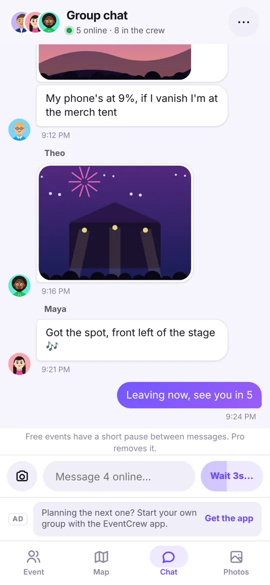 Group chat for the event, deleted when it ends
