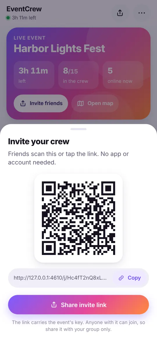 Invite link and QR code: friends join in the browser, no app or account