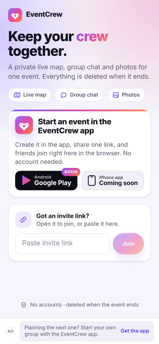 Start: create an event in the app and invite your crew